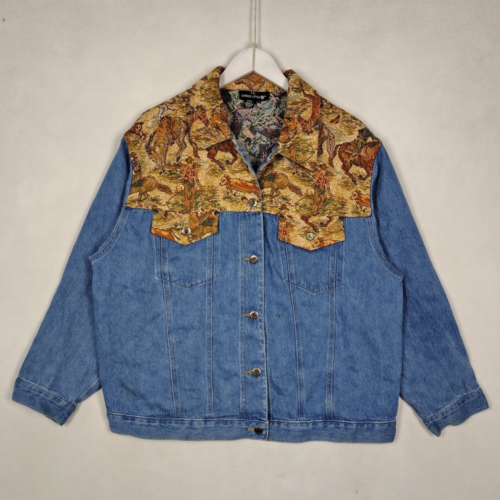Carole Little Vintage Denim Tapestry Jacket 2X Blue Western Equestrian USA Made